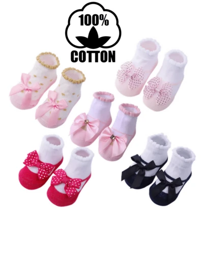 5双装多色可爱条纹、字母、蝴蝶结图案舒适婴儿袜，用途广泛