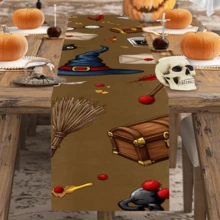 1pc/270pcs Halloween Table Runner, Brown Background With Magic Hat & Broom Design Elements, Polyester Material, 30x180cm, Halloween & Day Of The Dead Home Party, Horror Atmosphere Restaurant Living Room Table Centerpiece Decor, Indoor Outdoor Dining Table Decoration, Suitable For Holidays, Parties, Birthdays, Dinners, Kitchen, Dining Room, All Seasons Home & Room Decor - Brown Magic Hat Broom - View 5