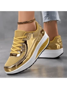 Women's Thick Sole Casual Sneakers, Glitter Breathable Platform Shoes, Summer Shoes, Elevator Shoes - Gold - 金色 - 查看 5