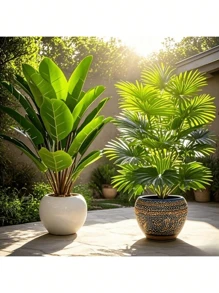 2pcs Large Artificial Palm Trees, Artificial Plant Combination, 35-Inch Large Artificial Banana Tree And Fan-Shaped Leaves Tropical Plants With 24 Leaves Total, Realistic Plastic Broad-Leaf Plants Decor, Evergreen And Lifelike Tall Tropical Plants, Wide-Leaf Tropical Rainforest Decorative Trees, Suitable For All Seasons Artificial Potted Trees, Ideal For Home, Party, Office, Garden, Hotel, Indoor And Outdoor Decor, Great Gift For Holidays
