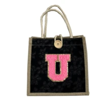 1 件毛巾刺绣首字母图案手提包，花卉印花亚麻手提包，小号花卉亚麻纽扣装饰手提包，简约大容量手提包，便携休闲收纳手提包，多功能购物袋，新设计，大容量，购物的理想选择，单肩包，手提包，午餐包，午餐盒，斜挎包