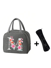 2 件 - 字母印花图案保温袋和餐具收纳袋、保温午餐袋 - 粉色花朵和白色字母图案、手提包、午餐盒、冰袋、野餐食品手提包、帆布轻便便携式午餐收纳袋