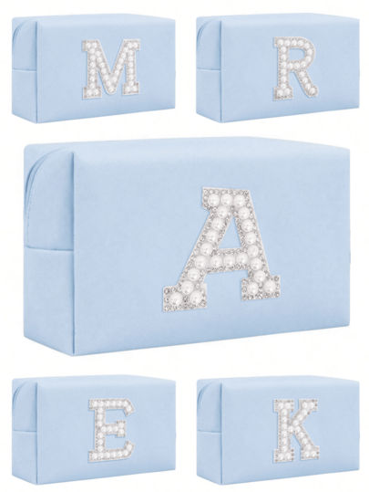 Women Octagonal Makeup Bag PU Letters Makeup Bag, Portable Chenille Letter Cosmetic Bag With Zipper, Initial Letter Patch PU Leather Waterproof Travel Toiletry Bag Monogram Make Up Pouch (Letter A~Z) For Fall Home Decor