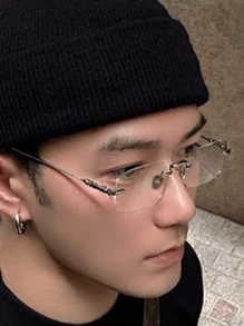 1pc Men's Classic Retro Patterned Rimless Metal Oval Frame Plain Glasses (Comes With Glasses Strap, Glasses Suitable For Reading, Decoration, Street Photography)