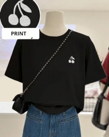 CAMISETA DE CUELLO REDONDO MANGA CORTA IDEAL PARA TI CON ESTAMPADO DE CHERRY BLANCA - Negro - Ver 1
