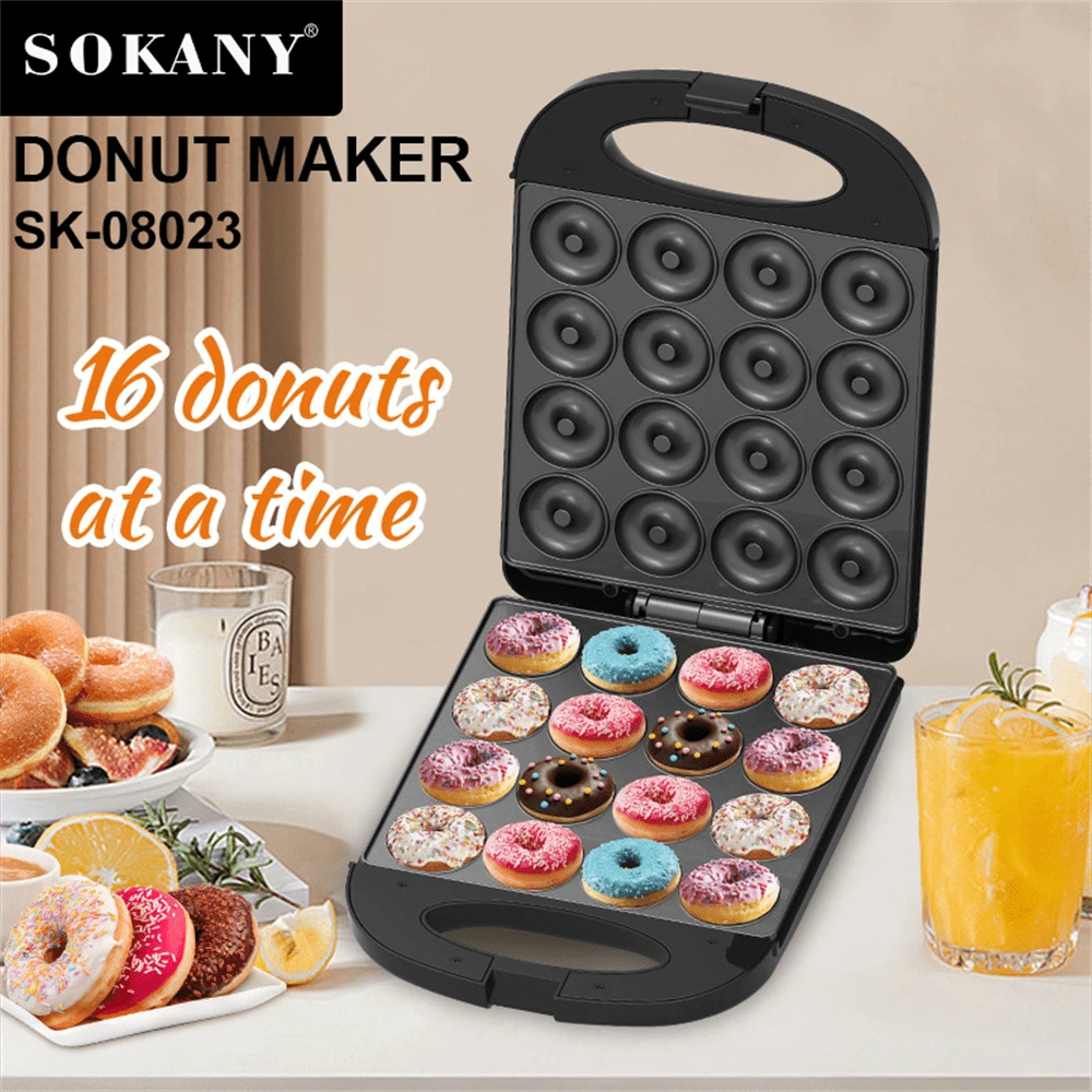 SOKANY 08023, Donut Maker, Kuchenmaker, Brotbackautomat, Backmaschine. 16-fache antihaftbeschichtete Backform. Hochleistung, beidseitiges Heizen, automatische Temperaturregelung, Kontrollleuchte, Aluminiummaterial, ideal für selbstgemachte Donuts, Kuchen, Brote, Kinderkekse, Küchengerät.