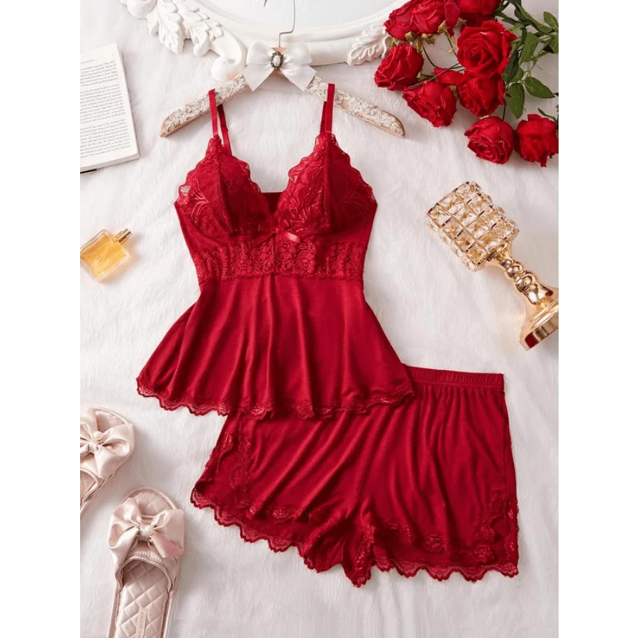 Women's Solid/Leopard Print Cami Top & Lace Trim Shorts Pyjama Two-Piece Set, Casual Comfy Camisole & Shorts Pj Set, Ladies Sleepwear For All Seasons, Loungewear, Womenswear - Red - View 1