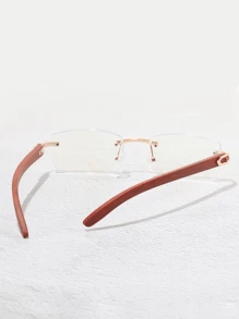 1 pereche ochelari de vedere fără prescripție medicală pentru bărbați, din metal, îngust, pătrat, fără ramă, cu aspect de lemn artificial