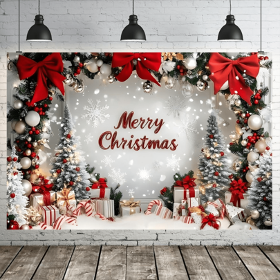 1pc Christmas Party Background Banner With Snowflakes, Bows And Gift Boxes, Suitable For Christmas Party Decoration, Garden Decoration, Wall Decoration, Indoor And Outdoor Decoration, Anniversary, And Photography Background