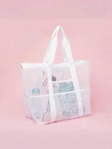 1个超大网眼沙滩包 - 防沙游泳手提袋，超大容量，适合家庭使用，可折叠轻便，带拉链和额外口袋，可装玩具和沙滩度假必需品 - 彩色 - 查看 8