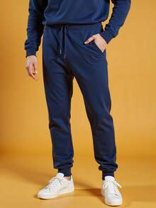 Debex Men's Thick Flannel Jogger Winter Cold Sweatpants - Navy Blue - View 2