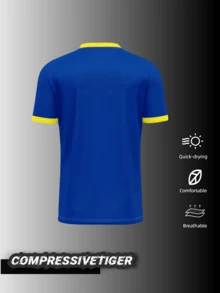 Custom Men's Football Training Top - Blue & Yellow Trimmed V - Neck Jersey With Gradient Vertical Stripes, Personalized Name & Number Printing (Front/Back), Custom Logo Placement, Quick - Dry Breathable Moisture - Wicking Sports Shirt, Designed For Soccer, Volleyball, Casual Wear, Suitable For Team Uniforms & Individual Use, Unique Personalization For Sports Style, Comfortable Fabric For Active Movement, Stand Out On Field Or Court - Blue - View 3