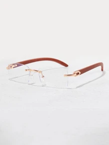 1 pereche ochelari de vedere fără prescripție medicală pentru bărbați, din metal, îngust, pătrat, fără ramă, cu aspect de lemn artificial