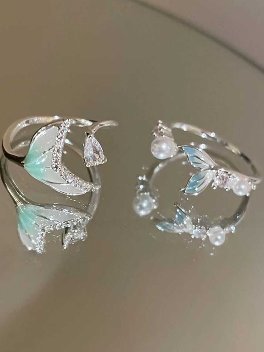 1/2 件渐变色锆石开口戒指，时尚简约设计指环，精致百搭的女士珠宝配饰 - 彩色 - 查看 1