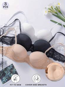 Bộ 3 áo ngực dây mảnh màu trơn ren tối giản gợi cảm dành cho nữ - Nhiều màu - Xem 2