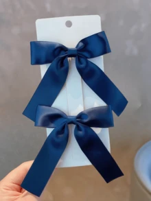 2pcs Girls' Simple Solid Color Bowknot Ribbon Hair Clips, Versatile - Multicolor - View 9