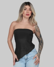 WOMEN'S BASIC ASYMMETRICAL CROPPED TUBE TOP, STRAPLESS, SUMMER, STRAP-ON, AITONA LINING - Black - View 1