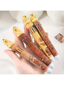 Caneta esferográfica fofa de capivara com 10 cores, caneta criativa multicolorida com botão de pressão para estudantes, cadernos, canetas coloridas, volta às aulas (1 unidade). - Castanho Café - Ver 10