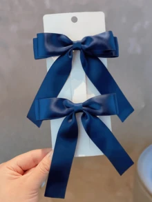 2pcs Girls' Simple Solid Color Bowknot Ribbon Hair Clips, Versatile - Multicolor - View 8