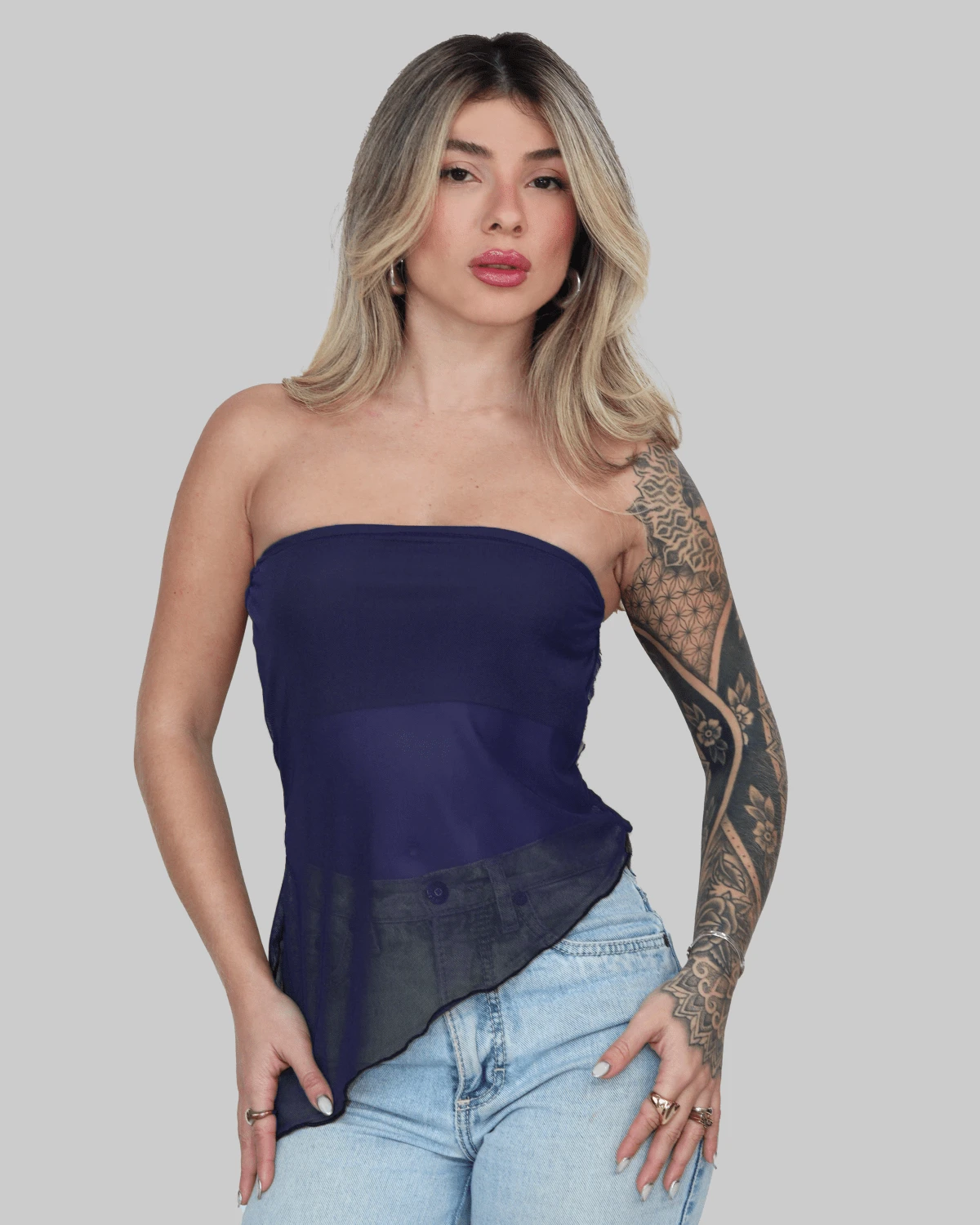 WOMEN'S BASIC ASYMMETRICAL CROPPED TUBE TOP, STRAPLESS, SUMMER, STRAP-ON, AITONA LINING - Teal Blue - View 1