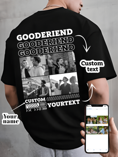 Custom Men's Casual Loose Girlfriend Couple Wear Valentine's Day Poster Style T-Shirts Add 4 Photos And Texts (Selfie/Boyfriend/Girlfriend/Pet) Design Your Personalized Printed T-Shirt As Anniversary Gift, Birthday Gift For Boyfriend/Him/Husband/Girlfriend/Her/Wife