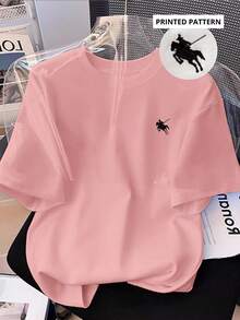 Camiseta de manga corta con cuello redondo, adornada con estampado pequeño, para ropa de Año Nuevo, camisetas gráficas para mujeres - Rosa - Ver 1