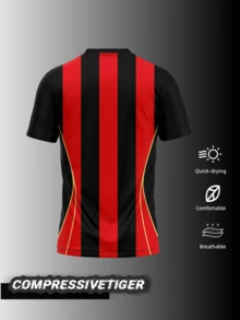 定制男士足球训练服 - 红黑竖条纹V领运动服，金色饰边，可定制姓名和号码印刷（正面/背面），可定制Logo位置，速干透气吸湿排汗涤纶面料，运动风格设计，适合足球、排球、休闲穿着，舒适贴身，便于动态运动，轻便耐用，是运动/休闲的理想之选，独特的个性化设计让您在球场上脱颖而出。