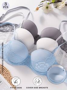 3pcs Minimalist Sexy Solid Color Lace Patchwork Spaghetti Strap Bras For Women - Multicolor - View 2
