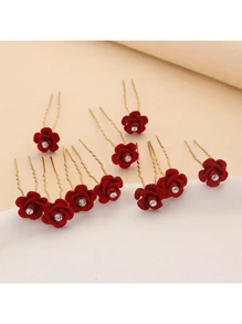 10pcs Classic Romantic Elegant U Shape Hair Clips, Red Rose & WhiteFlower & Faux Pearl Basic Hair Clips, Women Girls Casual PartyWedding Decors, Princess Fairy Style Fresh Hair Accessories, Gift PhotoProps