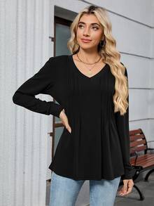 Damska plisowana koszulka do pracy w biurze z długim rękawem i dekoltem w serek, w jednolitym kolorze, swobodna i wygodna