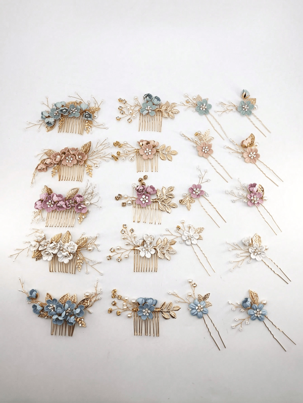 4pcs Faux Floral Metal Hair Clips, Suitable For Daily Wear, Combs, Haircomb, Side Comb