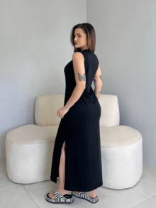 Kit Of 2 Women's Long Dresses With Pocket Basic Elegant Casual Premium Cotton - Xám/Đen - Xem 11