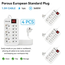 4 Stück Europäischer Standard Stromstecker, 9 in 1, Mehrfachsteckdose, 3 F Schuko, 6 AC Stecker mit Schalter 1,5 m Kabel, mit Schalter/Überlastschutz, geeignet für Zuhause, Büro, Hotel und andere Orte, Studentenwohnheim Grundausstattung