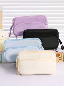 1 件简约纯色三角形阶梯式学生铅笔盒，手提大容量布艺桌面铅笔盒 - 多隔层收纳盒，可存放计算器、笔记本和笔 - 适合学校、办公室和旅行 - 学生、专业人士、男女、学校文具收纳盒、多功能收纳、拉链封口、铅笔盒、用于学校用品、返校