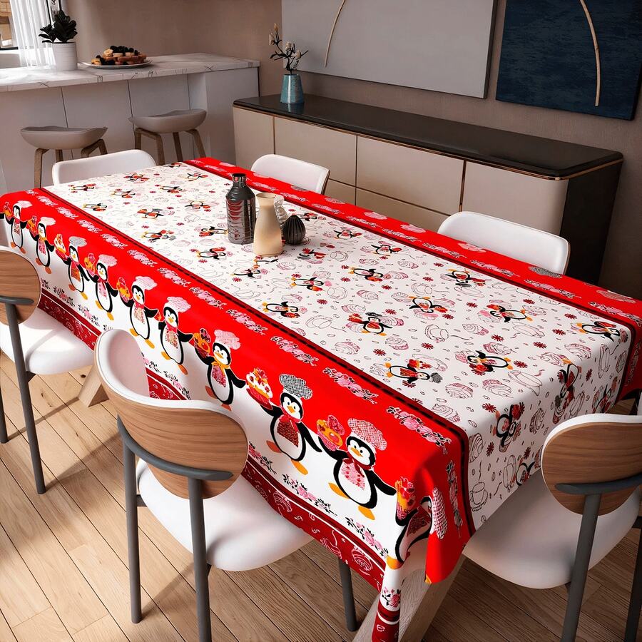 Rectangular 6-Seater Tablecloth 2.00m X 1.40m Oxford Various Prints - Red Penguin - View 1