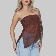 Women's Basic Strapless Asymetrical Cropped Tube Top, Summer, Strapless, Aitona Lining - Rỉ Nâu - Xem 3