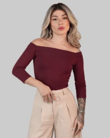 WOMEN'S FITTED SHOULDER BLOUSE IN SOLID COLOR, SHOULDER TO SHOULDER, STRAP-UP VISCOSE AITONA - Maroon - View 2