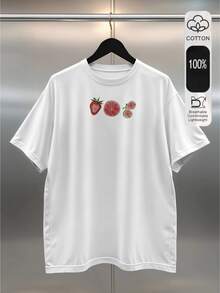 100% Algodón Playera Estampada Mujeres Cuello Redondo Natural Suelto Manga Corta Comodidad  Ropa Adecuada Todas Temporadas Estampado Impreso Camiseta  Gráfico Versatil Frutas Diseño - Blanco - Ver 1