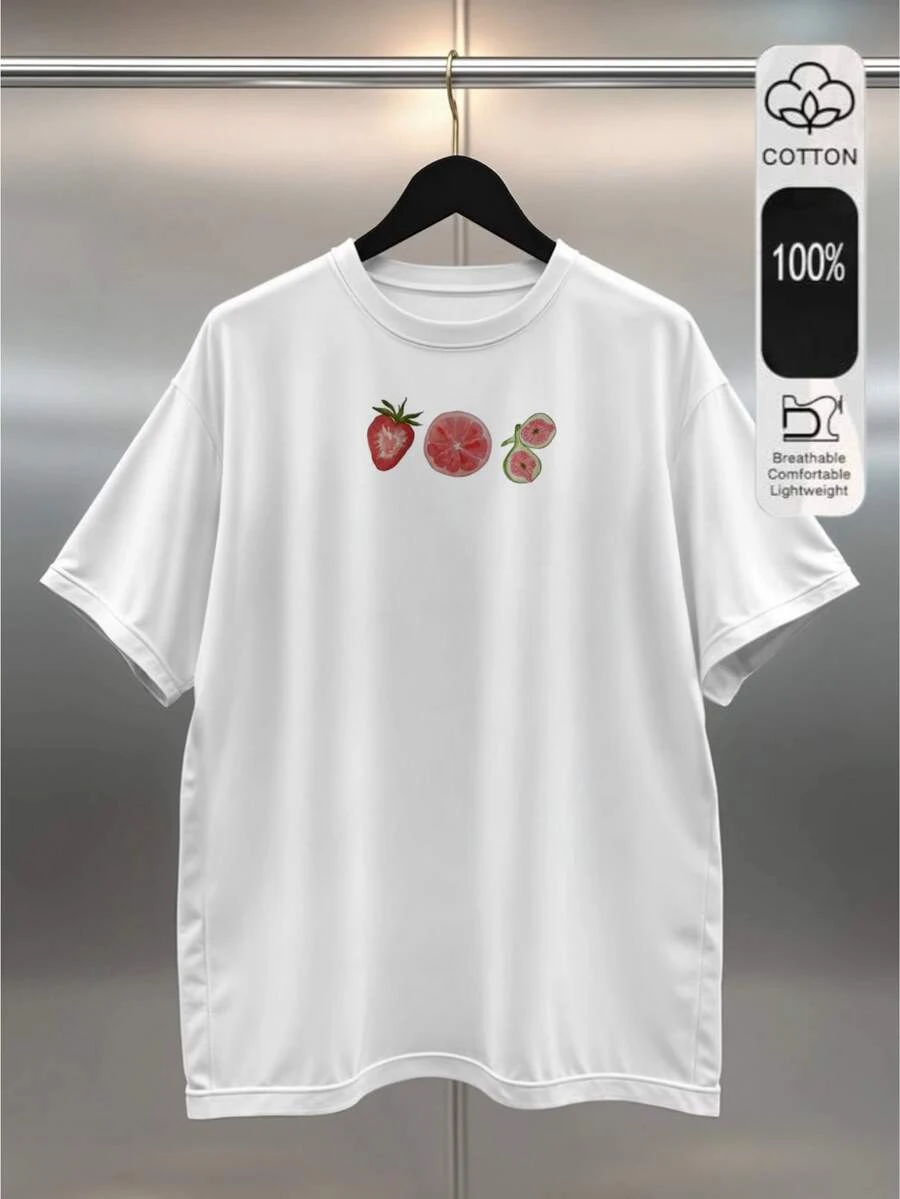 100% Algodón Playera Estampada Mujeres Cuello Redondo Natural Suelto Manga Corta Comodidad Ropa Adecuada Todas Temporadas Estampado Impreso Camiseta Gráfico Versatil Frutas Diseño - Blanco - Ver 1