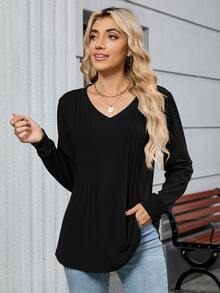 Damska plisowana koszulka do pracy w biurze z długim rękawem i dekoltem w serek, w jednolitym kolorze, swobodna i wygodna