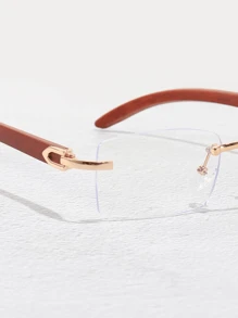 1 pereche ochelari de vedere fără prescripție medicală pentru bărbați, din metal, îngust, pătrat, fără ramă, cu aspect de lemn artificial