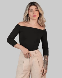 WOMEN'S FITTED SHOULDER BLOUSE IN SOLID COLOR, SHOULDER TO SHOULDER, STRAP-UP VISCOSE AITONA - Hitam - View 2