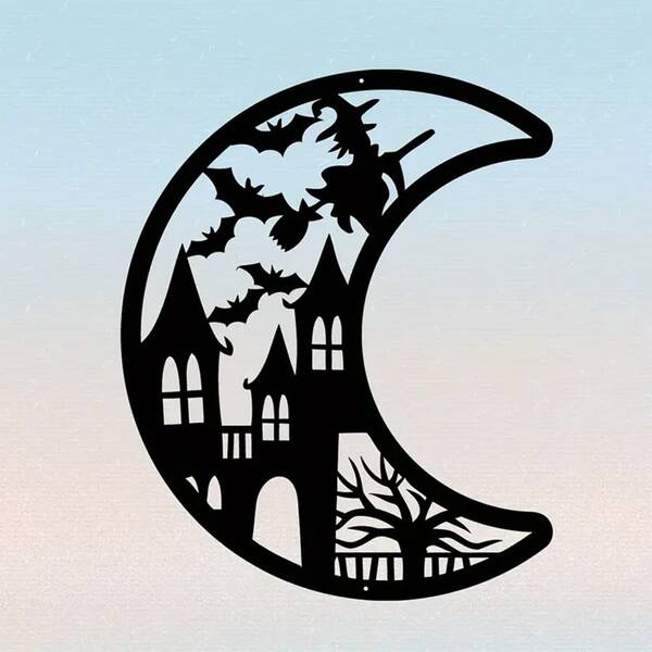 1 pieza Cartel de metal con diseño abstracto elegante de castillo de terror, bruja y murciélago para Halloween, arte de pared, placa decorativa apta para oficina, sala de estar del hogar, dormitorio, patio, cocina, pared del patio, lobby de tienda, cafetería, salón de baile y bar, granja, regalo de inauguración de casa, vacaciones, cumpleaños