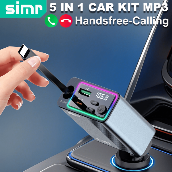 simr Simr 5-In-1 Metal Bluetooth Car MP3 Player FM Transmitter Retractable Fast Charging Car Charger, PD30W QC3.0 Type-C Mobile Phone Charger Retractable Phone Charger For Smartphone, Short Circuit Protection, Over Heat Protection, Over Voltage Protection, Over Charge Protection Hands-Free Car Kit MP3 Player FM Modulator