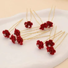 10 件经典浪漫优雅 U 形发夹，红玫瑰和白花和仿珍珠基本款发夹，女士女孩休闲派对婚礼装饰，公主仙女风格清新发饰，礼物照片道具