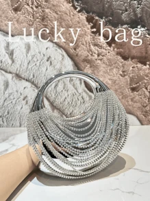 1PC Luxury Silver Rhinestone Bling Women Handbag, Exquisite Cosmetic Acrylic Clutch Bag, Elegant Evening Purse Women, Tready Tassels Party Bags, Perfect For Party, Wedding, Prom, Dinner/Banquet - Silver - View 3