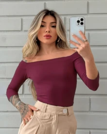 WOMEN'S FITTED SHOULDER BLOUSE IN SOLID COLOR, SHOULDER TO SHOULDER, STRAP-UP VISCOSE AITONA - Maroon - View 1