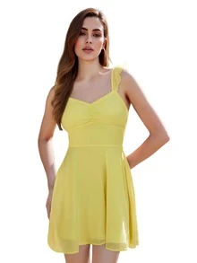 Vestido mini de verano para mujer, color liso, sin mangas, espalda abierta, cintura fruncida, vestido de malla - Amarillo - Ver 4