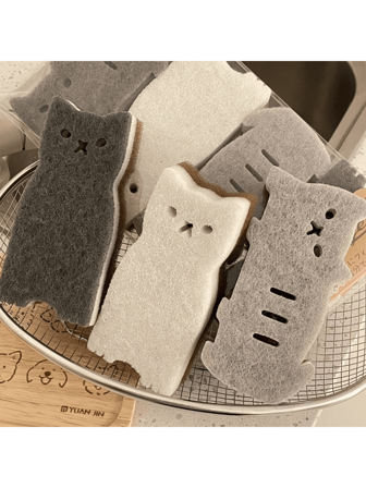 可爱猫咪海绵厨房套装 - 厚实耐用的洗碗清洁工具，配有金属衣架、锅、餐具和防刮洗碗泡沫，猫形多用途重型厨房擦洗海绵 - 2-4-6-8 件四色组合三层设计