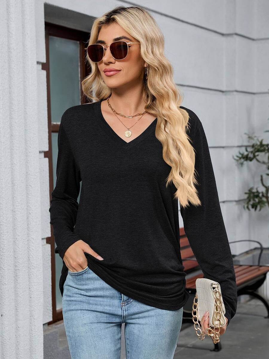 Damska koszulka z długim rękawem i dekoltem w serek, w jednolitym kolorze, w swobodnym stylu, odpowiednia do dojazdów do pracy i noszenia w biurze